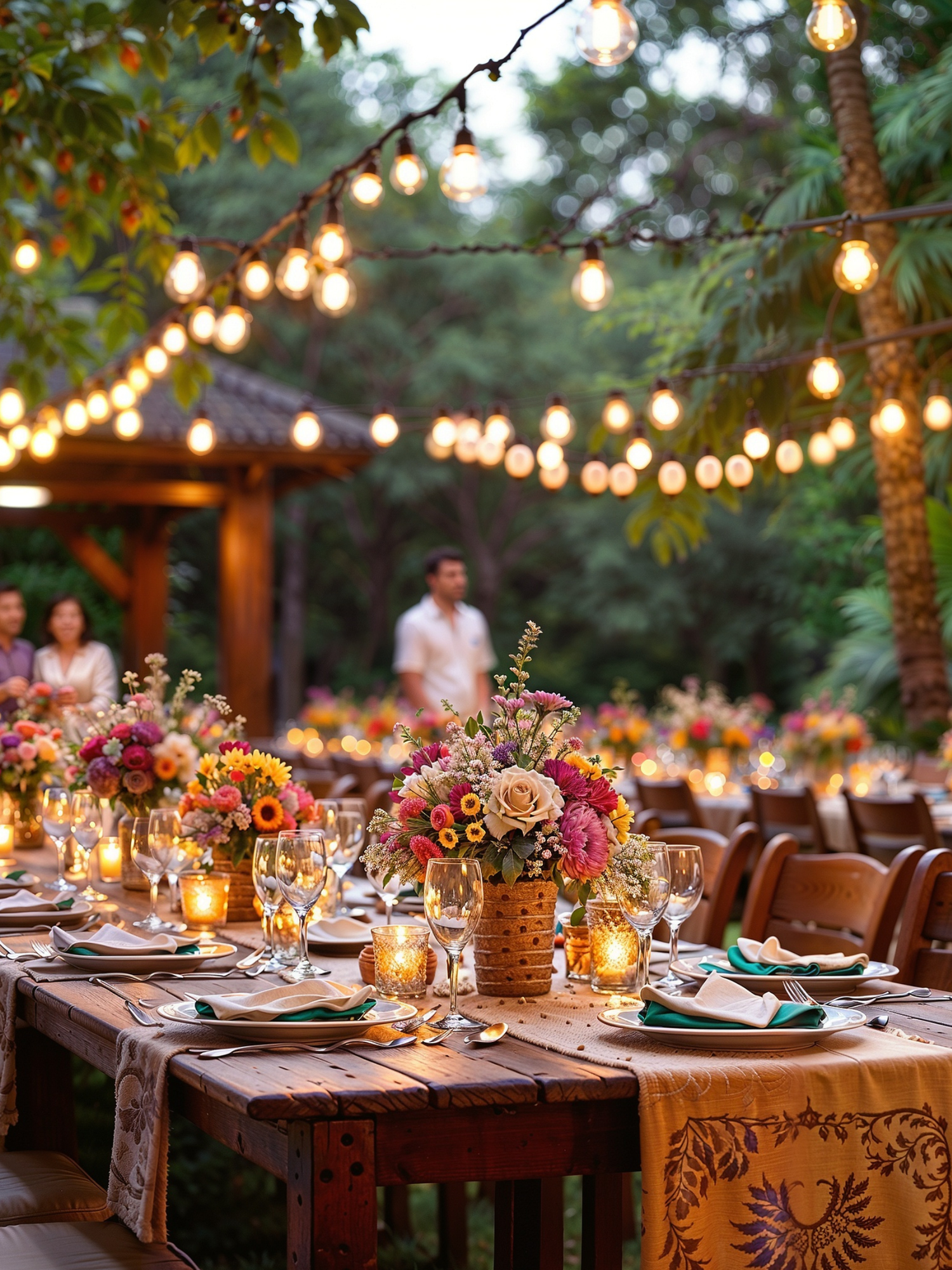 Rustic outdoor wedding reception tables decorated with string lights and wildflower centerpieces at dusk.