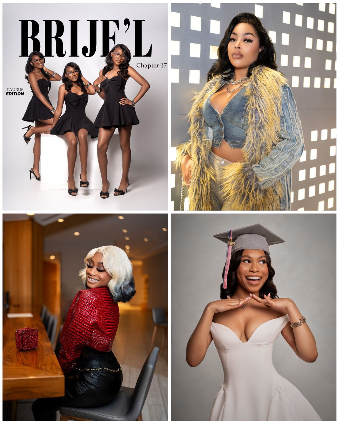 Collection of professional portrait photography showcasing models in various outfits and settings.