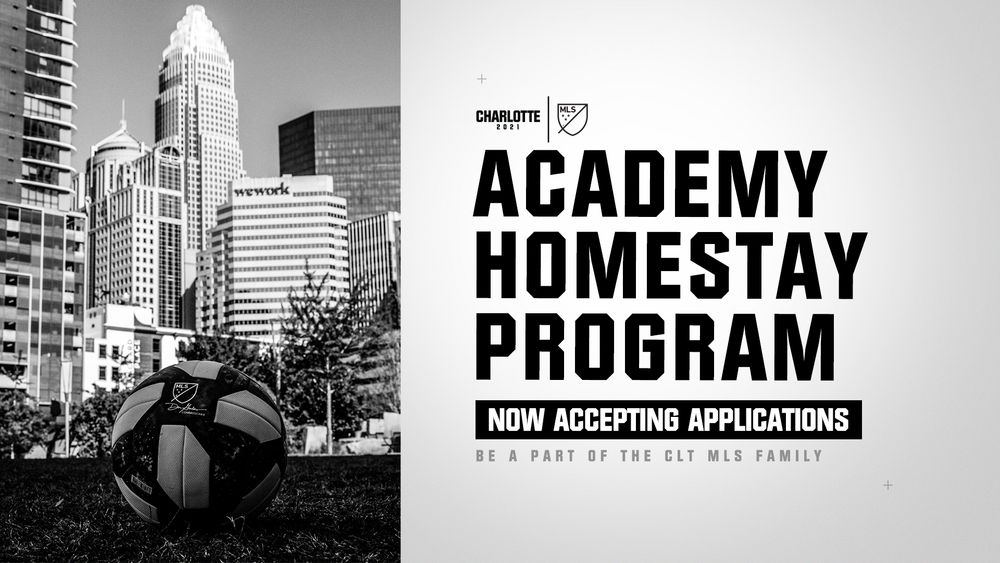 Charlotte FC MLS Academy Homestay Program announcement in black and white now accepting applications graphic.