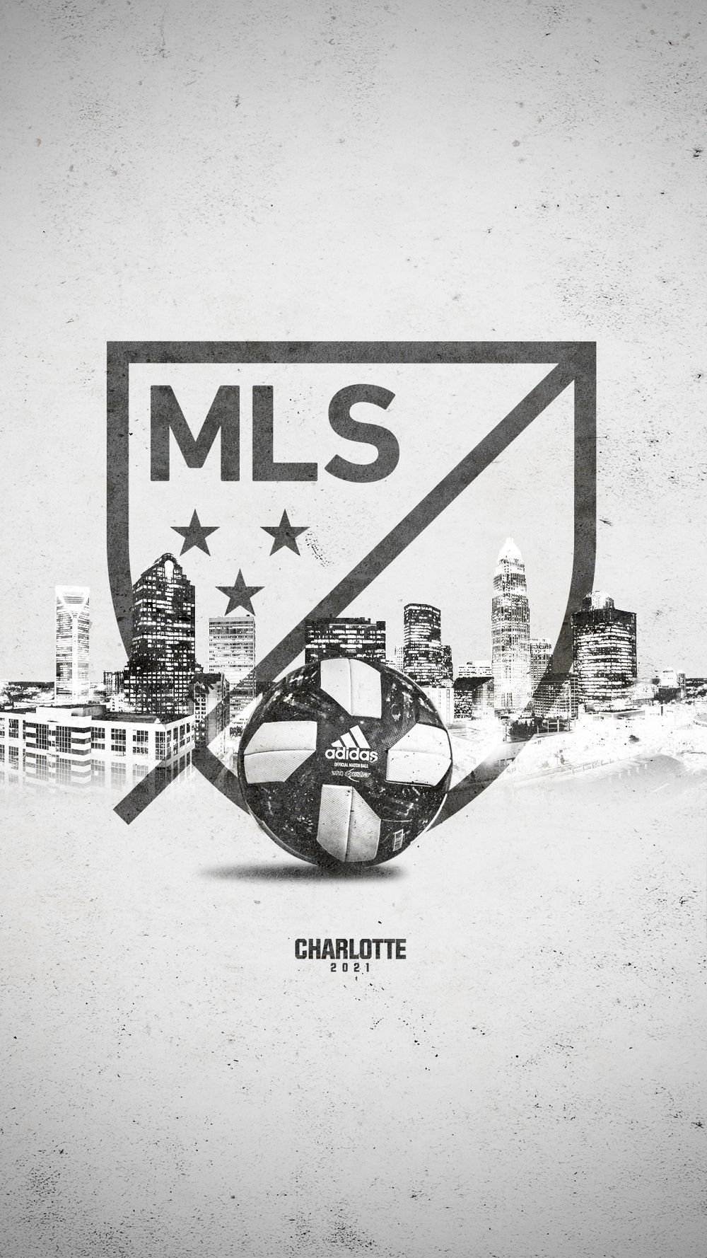 Black and white MLS Charlotte 2021 expansion team logo graphic with city skyline and Adidas soccer ball.