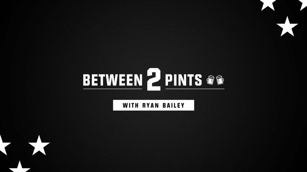 Between 2 Pints podcast logo featuring host Ryan Bailey on dark background.