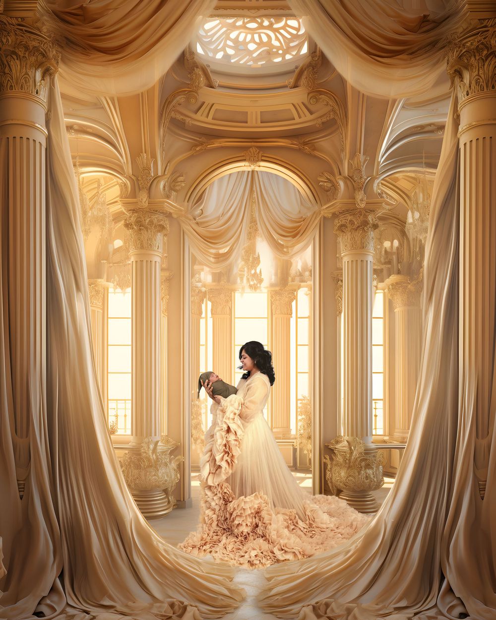 3D render of an elegant baroque palace interior with ornate columns, arches and soft golden lighting streaming through windows.