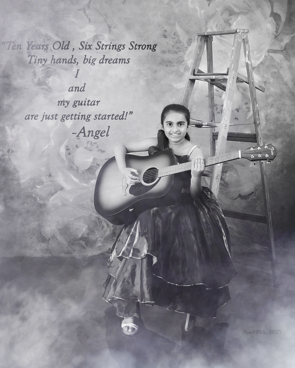 Black and white portrait with acoustic guitar and ladder featuring inspirational quote about dreams.