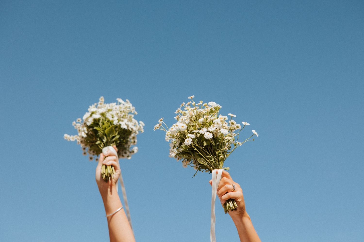 Two hands holding up white wildflower bouquets against a bright blue sky on a sunny day.