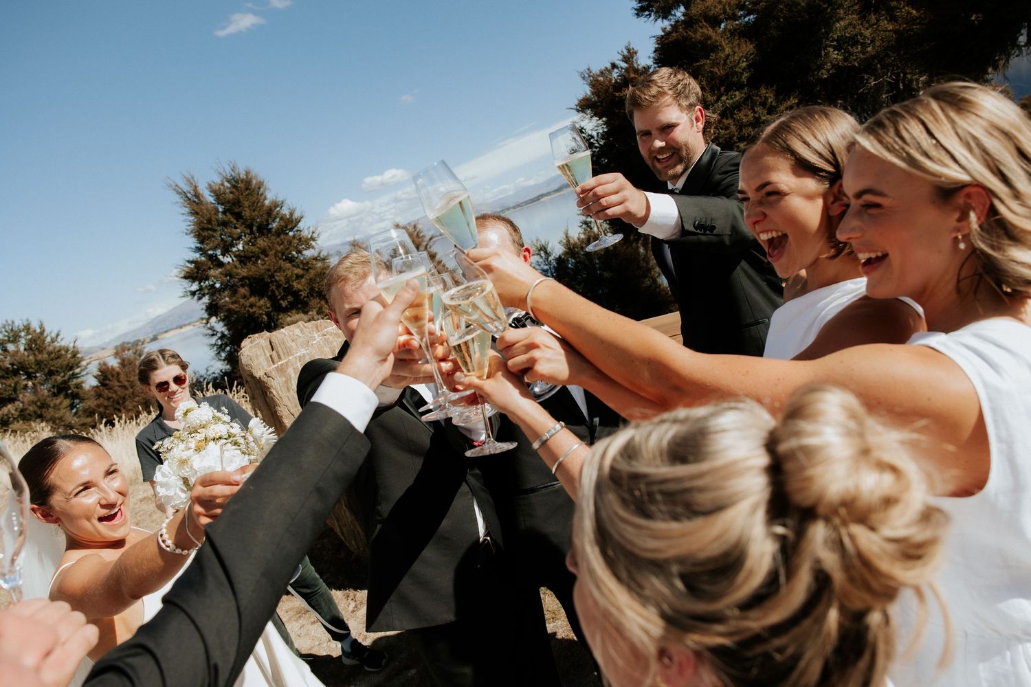 Wedding party raising champagne glasses in a celebratory toast against a mountain backdrop.