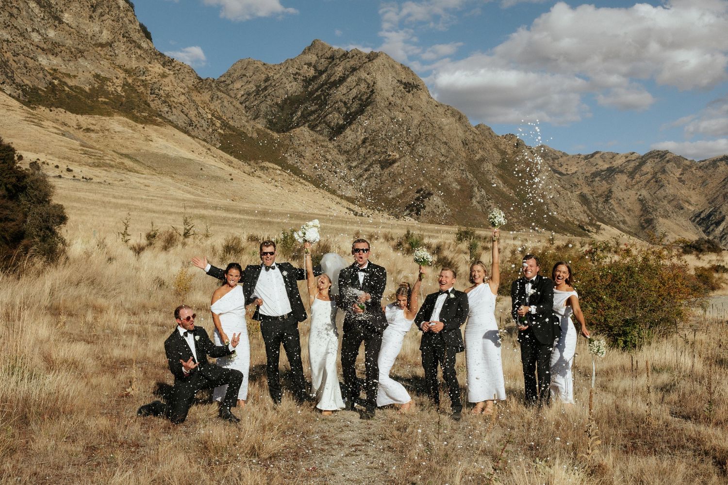 Wedding party group photo with mountains and golden grass landscape in background.