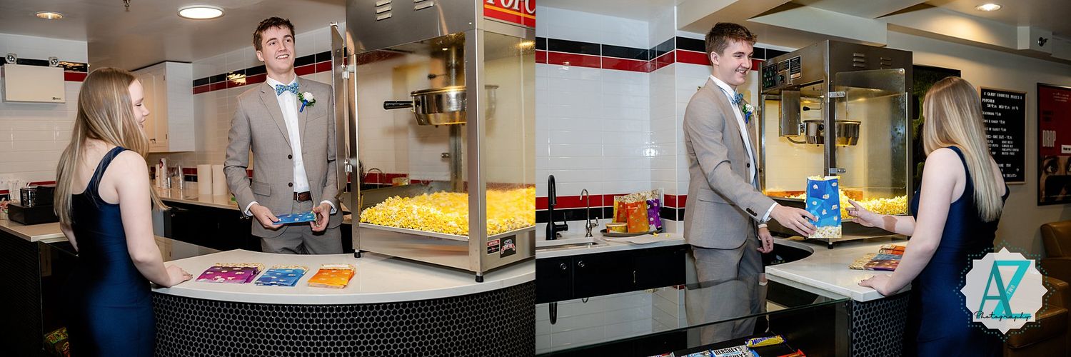 Two separate views of a university cafeteria service counter interaction between staff and student during mealtime.