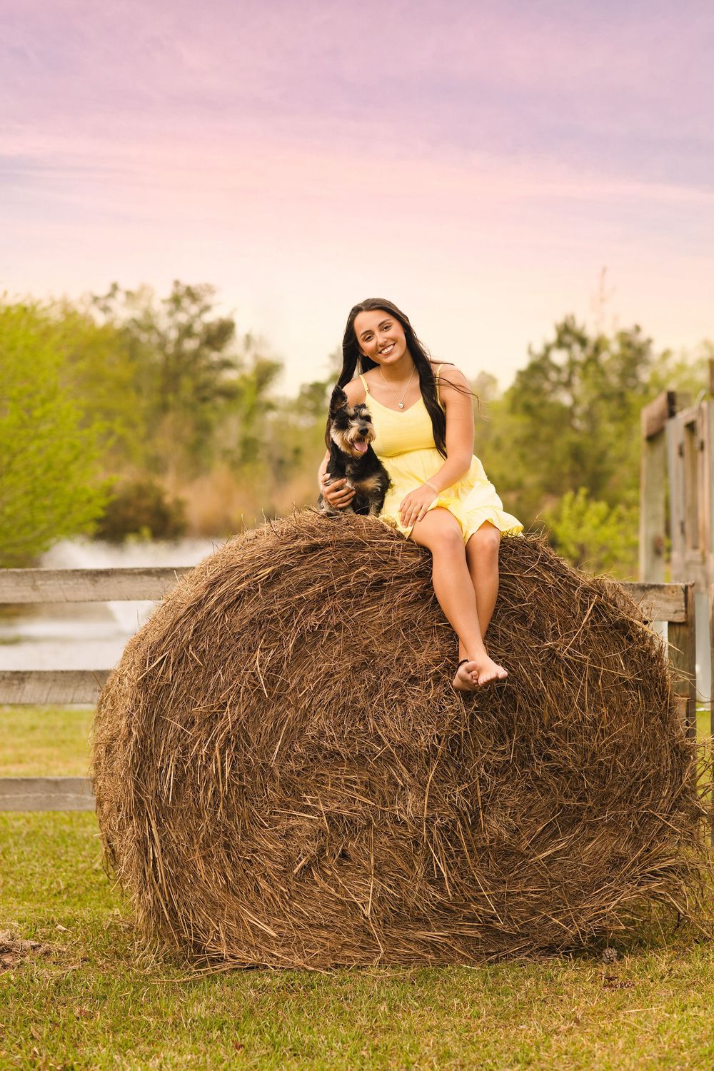 A photoshoot series showing four connected images of someone posing on a rustic hay bale in warm sunset lighting.