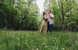 Series of romantic photos in a wildflower meadow with green trees in background.