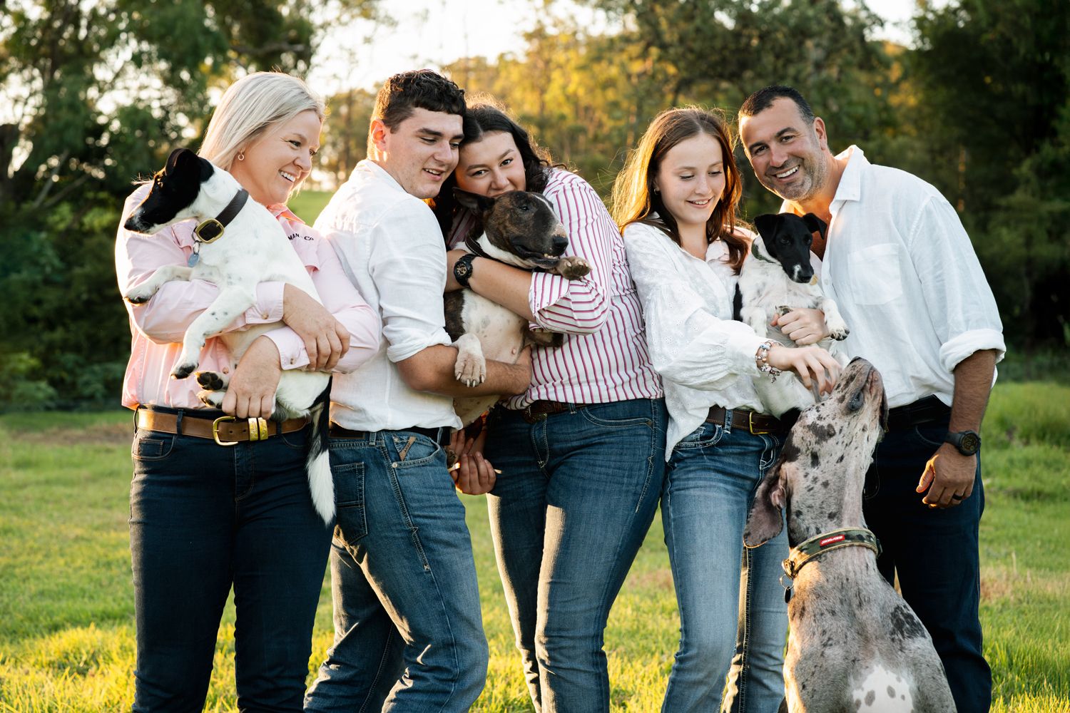family photographer in Rouse Hill taking photos of a family of five with four dogs