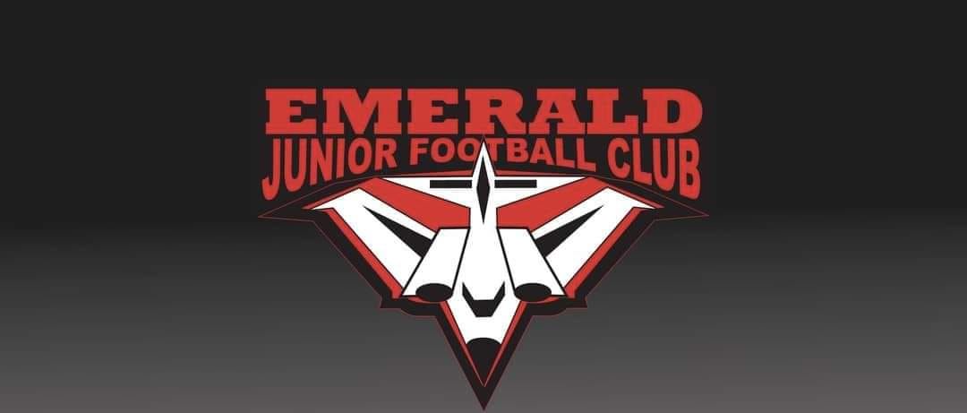 Red and white sports logo for Emerald Junior Baseball Club featuring abstract wing shapes and sharp angles.