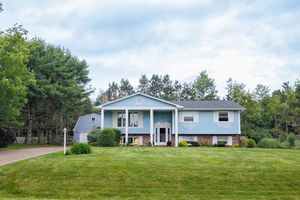 A modern split-level home with blue siding and white trim sits on a manicured lawn surrounded by pine trees.