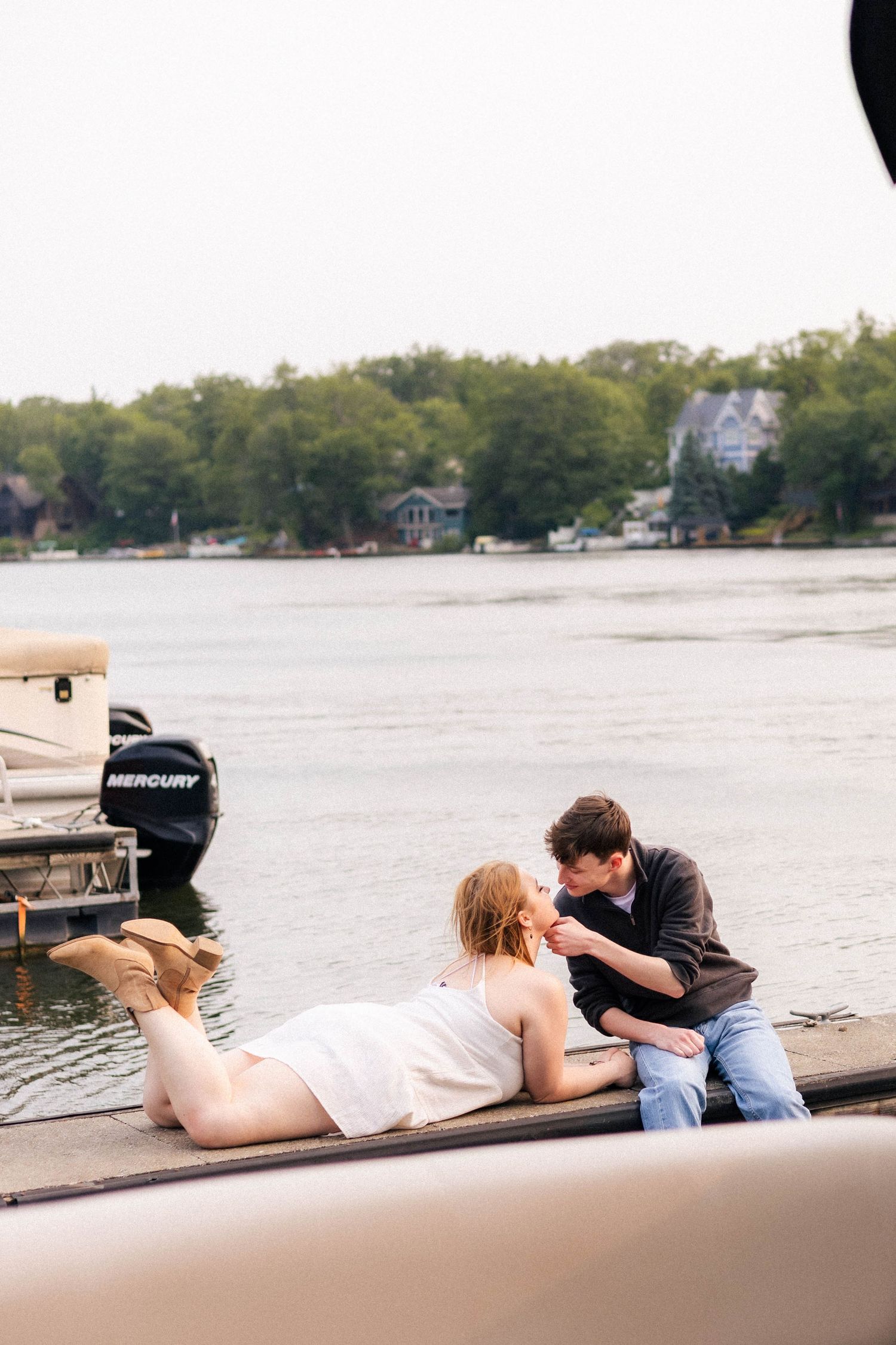 Outdoor summer engagement photos at the lake in Bloomington, Illinois