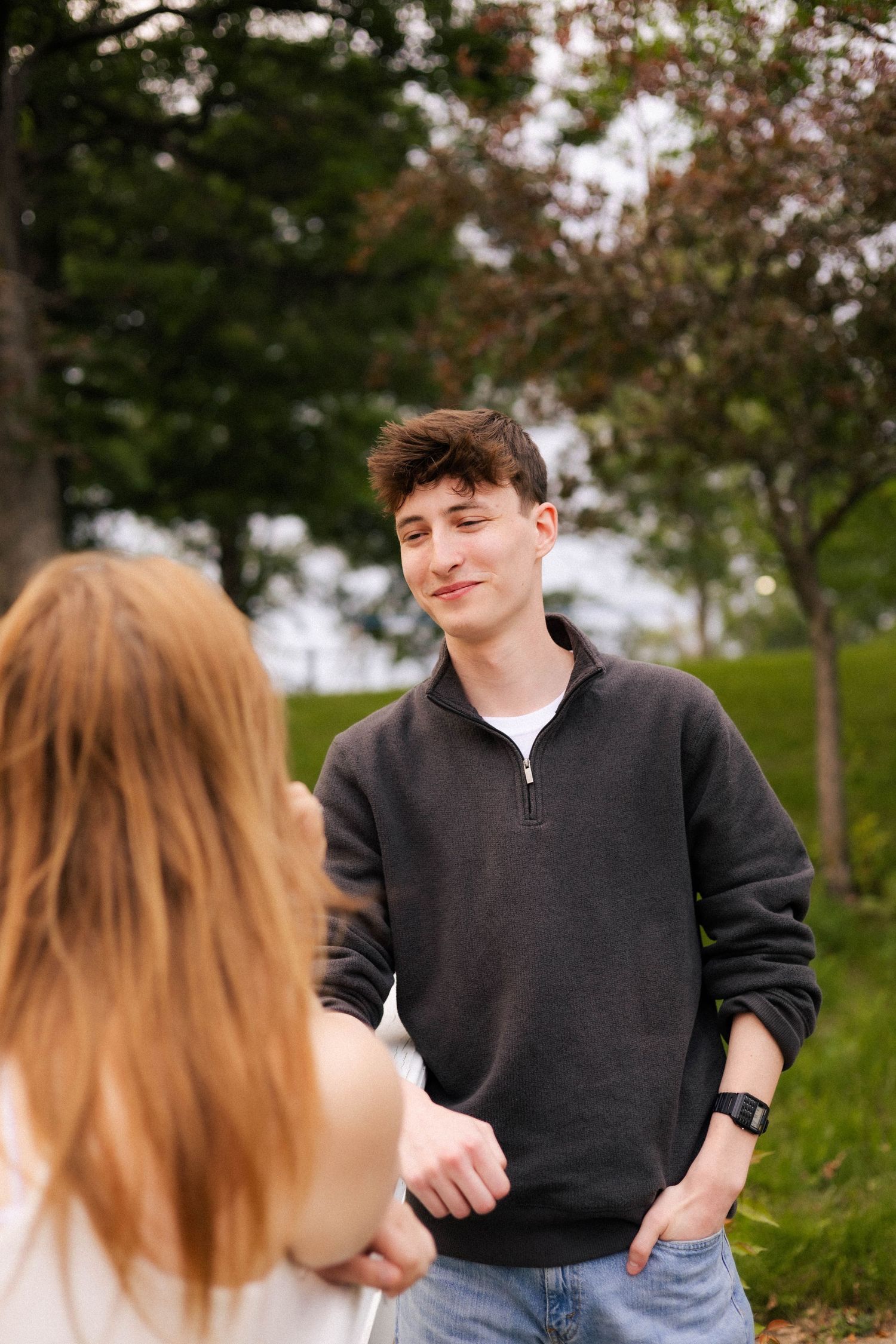 Outdoor summer engagement photos at the lake in Bloomington, Illinois