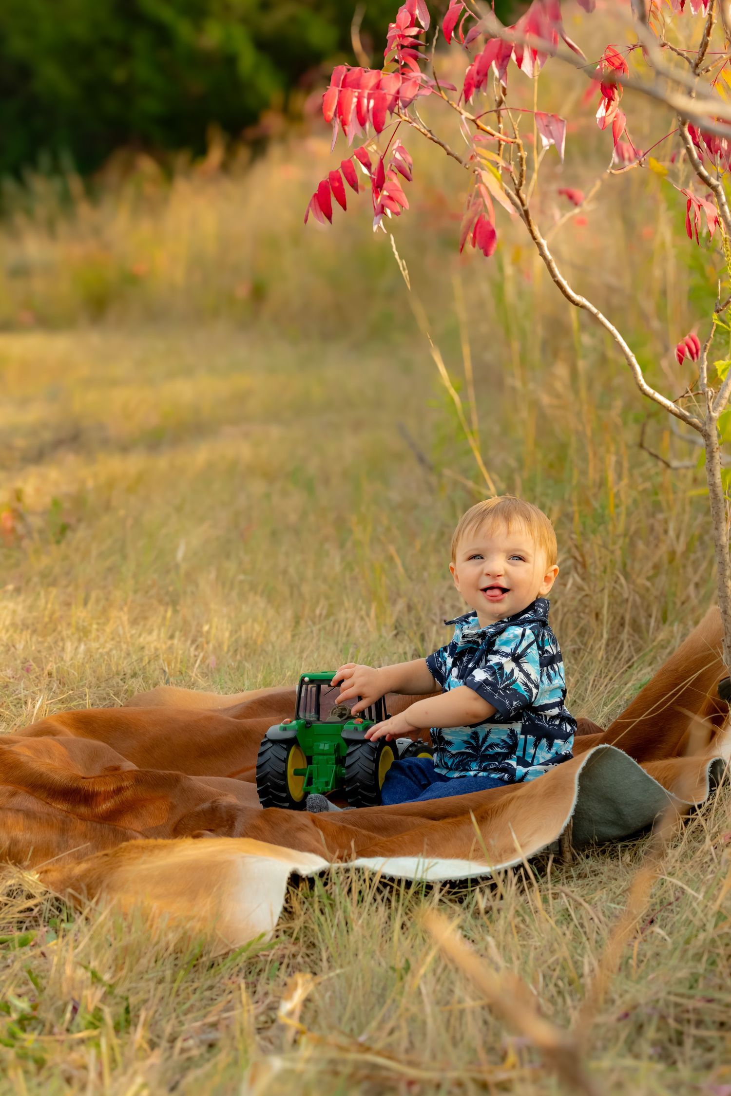 Playful toddler with toy tractor on brown blanket surrounded by fall scenery.