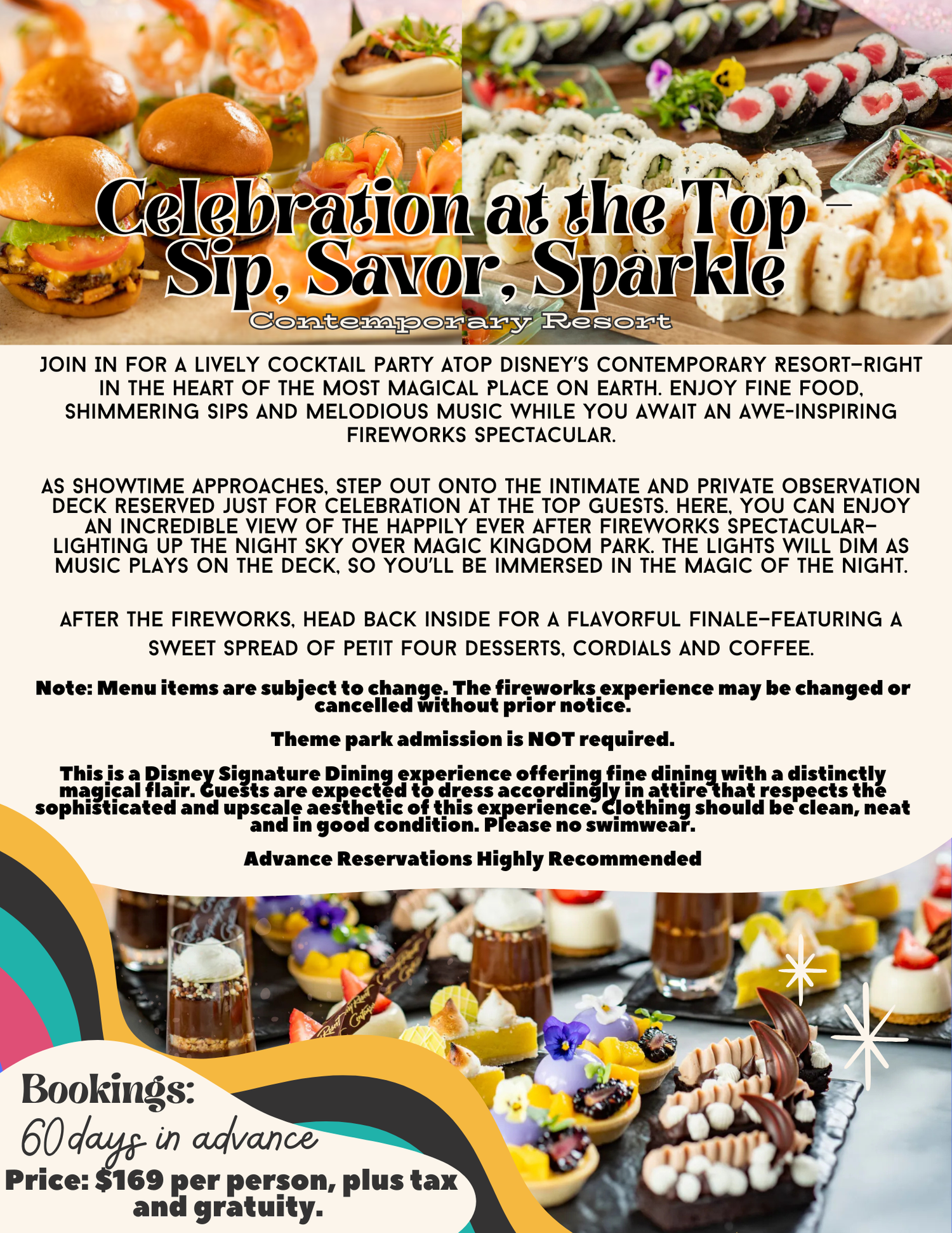 Marketing image for Disney celebration event featuring gourmet food and cocktail offerings.