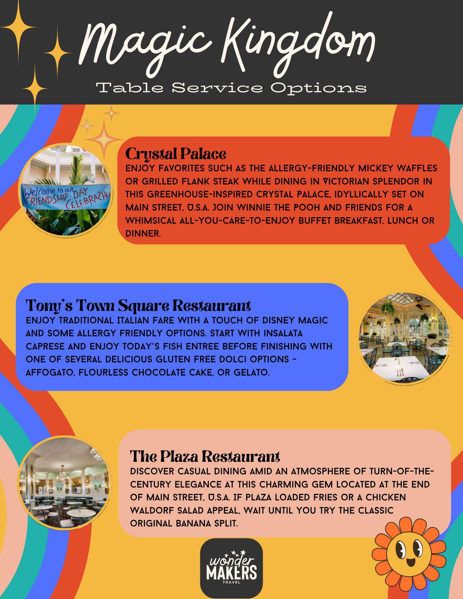 Restaurant guide page featuring Crystal Palace, Tony's Town Square, and Plaza Restaurant options.