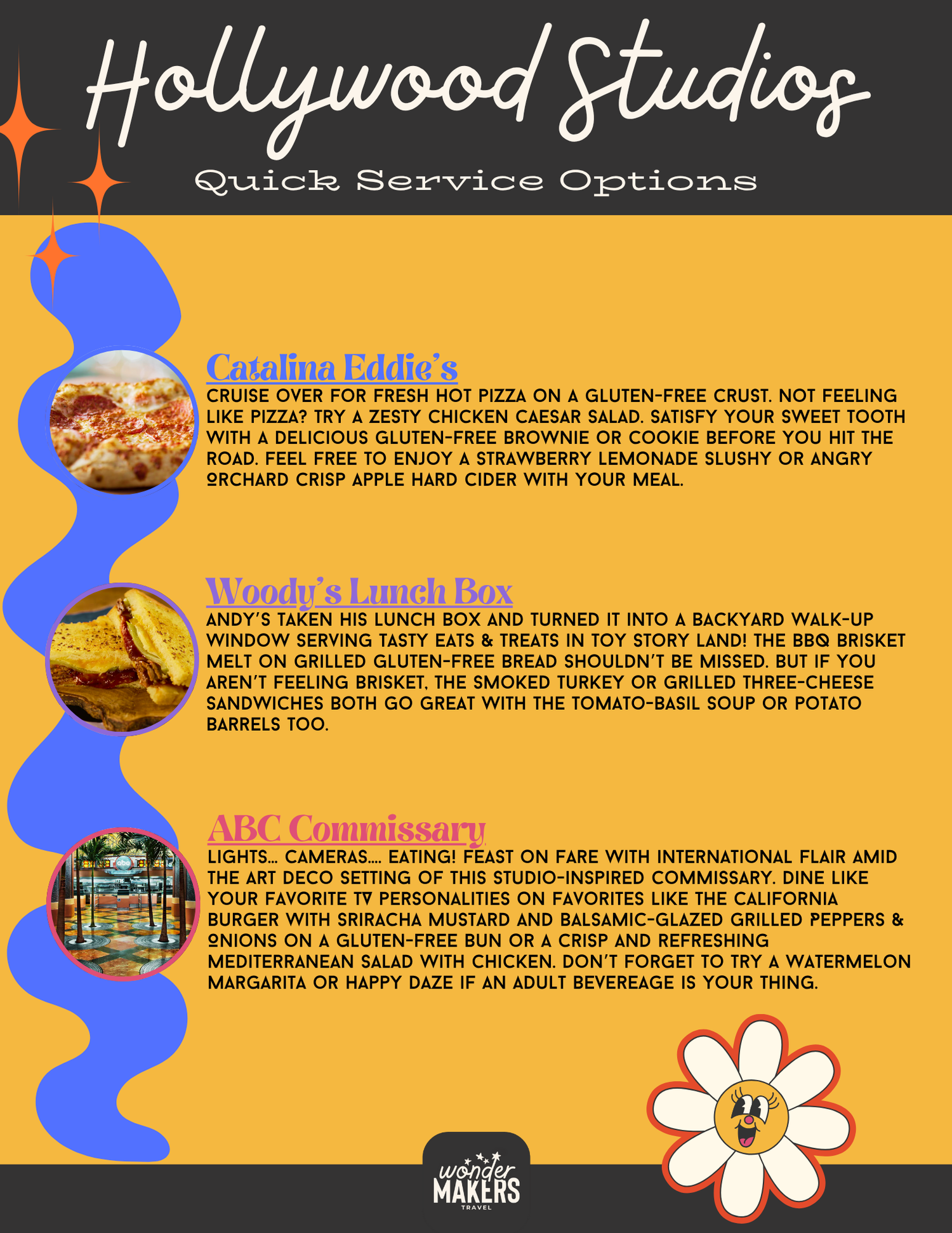 Hollywood Studios quick service menu showing dining options at Catalina Eddie's and Woody's Lunch Box.