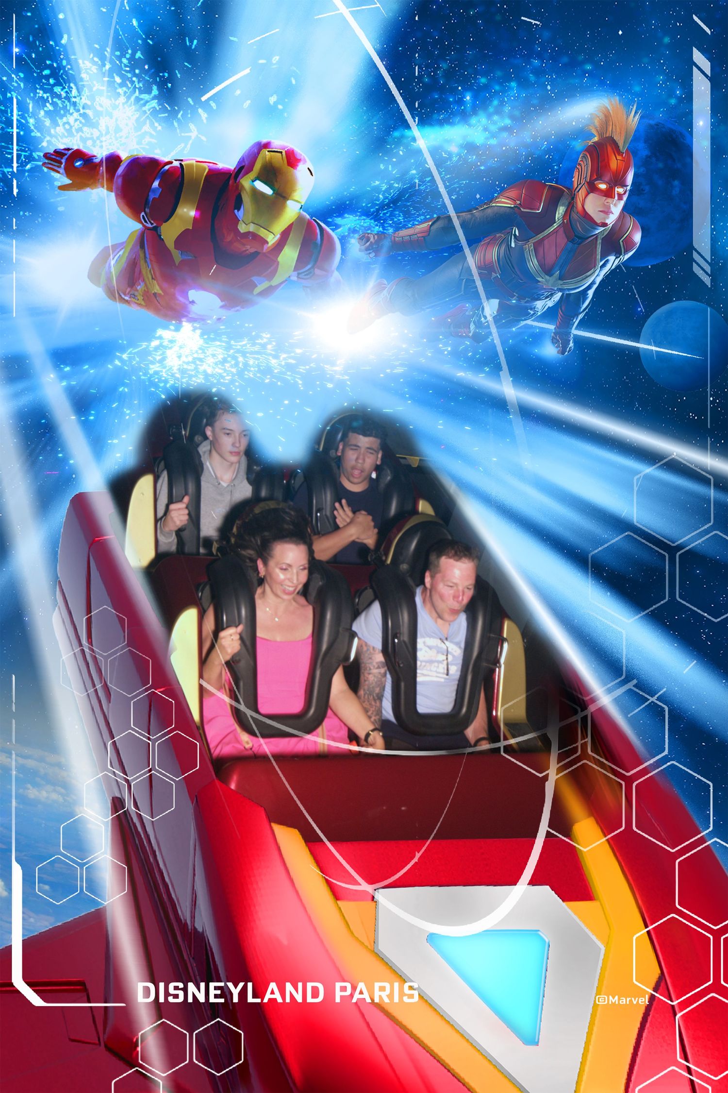 People enjoying a rollercoaster ride at Disneyland Paris with superhero artwork overlaid at the top of the frame.