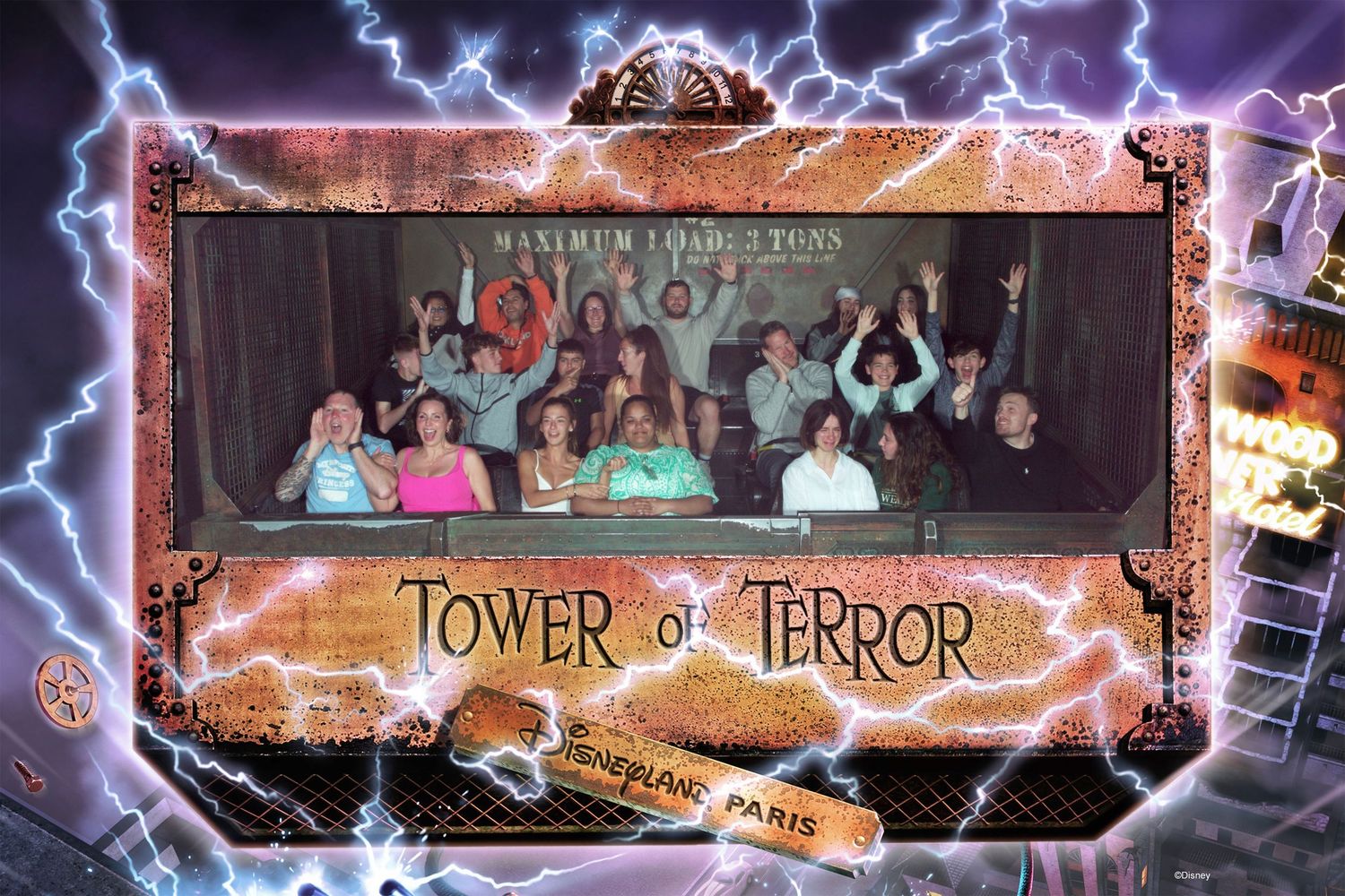Disney's Tower of Terror ride photo shows passengers reacting during the thrilling drop with dramatic lightning border effects.