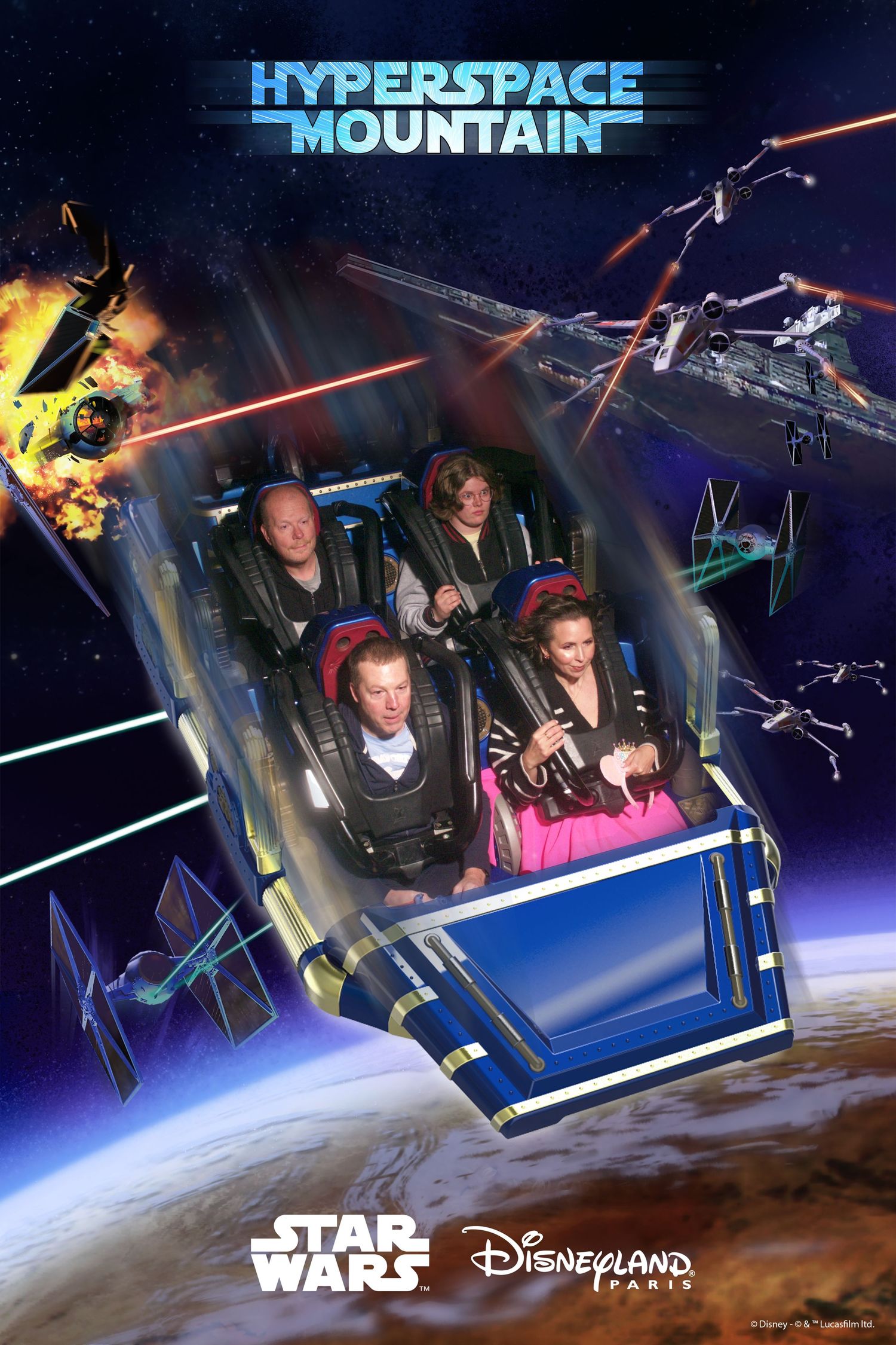 On-ride photo of riders on Star Wars Hyperspace Mountain roller coaster at Disneyland Paris with space battle effects.
