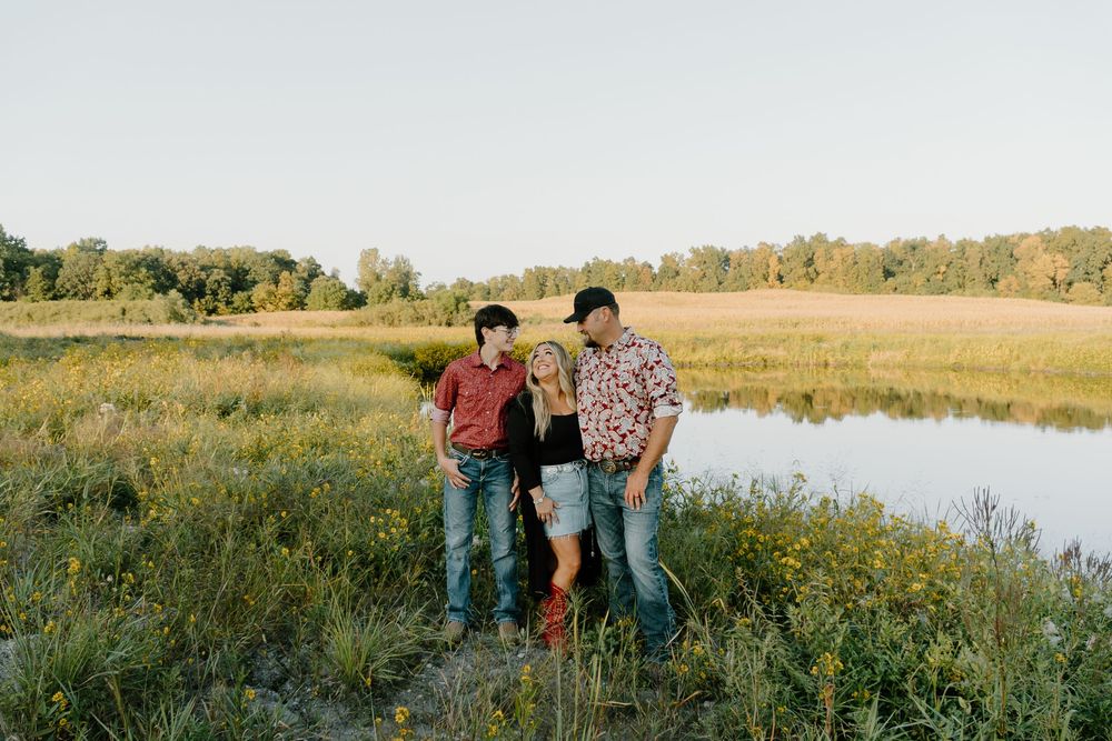A series of scenic outdoor photos showing people enjoying a peaceful lakeside setting at golden hour.