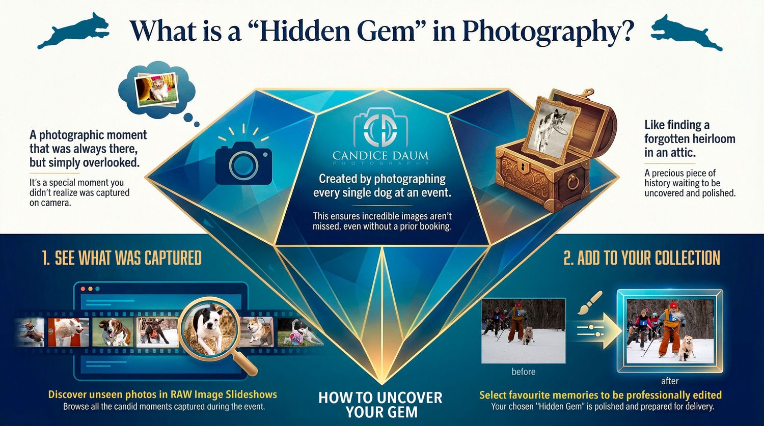 An infographic showing a blue diamond diagram explaining the concept of hidden gems in photography with treasure chest icons.