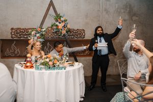A series of romantic wedding reception photos showing couples dancing and celebrating at decorated tables.