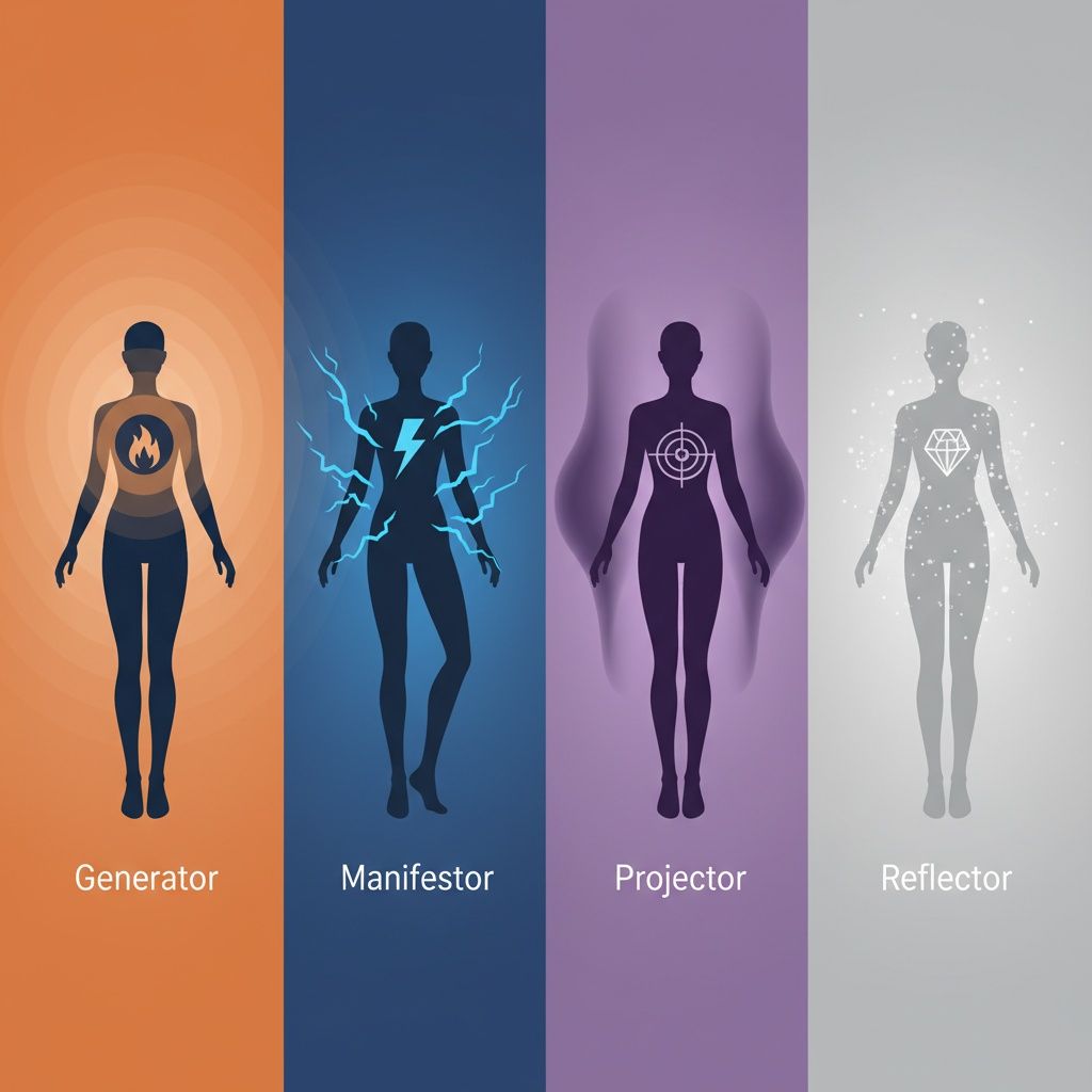 A sequence of human silhouettes in alternating colors showing different energy types - Generator, Manifestor, Projector, and Reflector.
