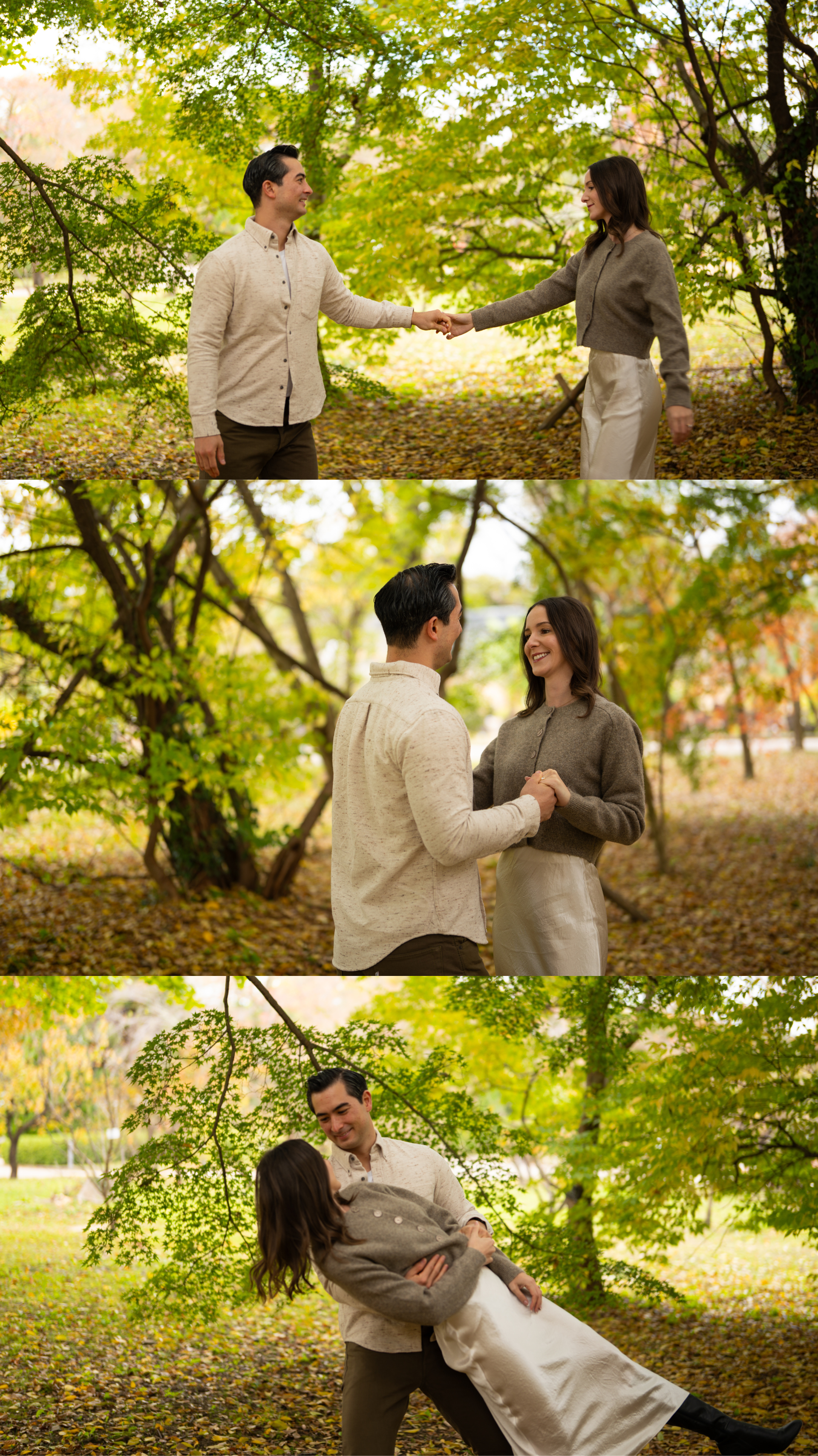 Couple dances and holds hands playfully under golden yellow autumn trees in a park during fall season.