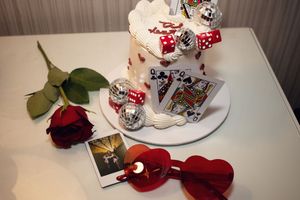 detail shot of dice and cards cake at Las Vegas hotel