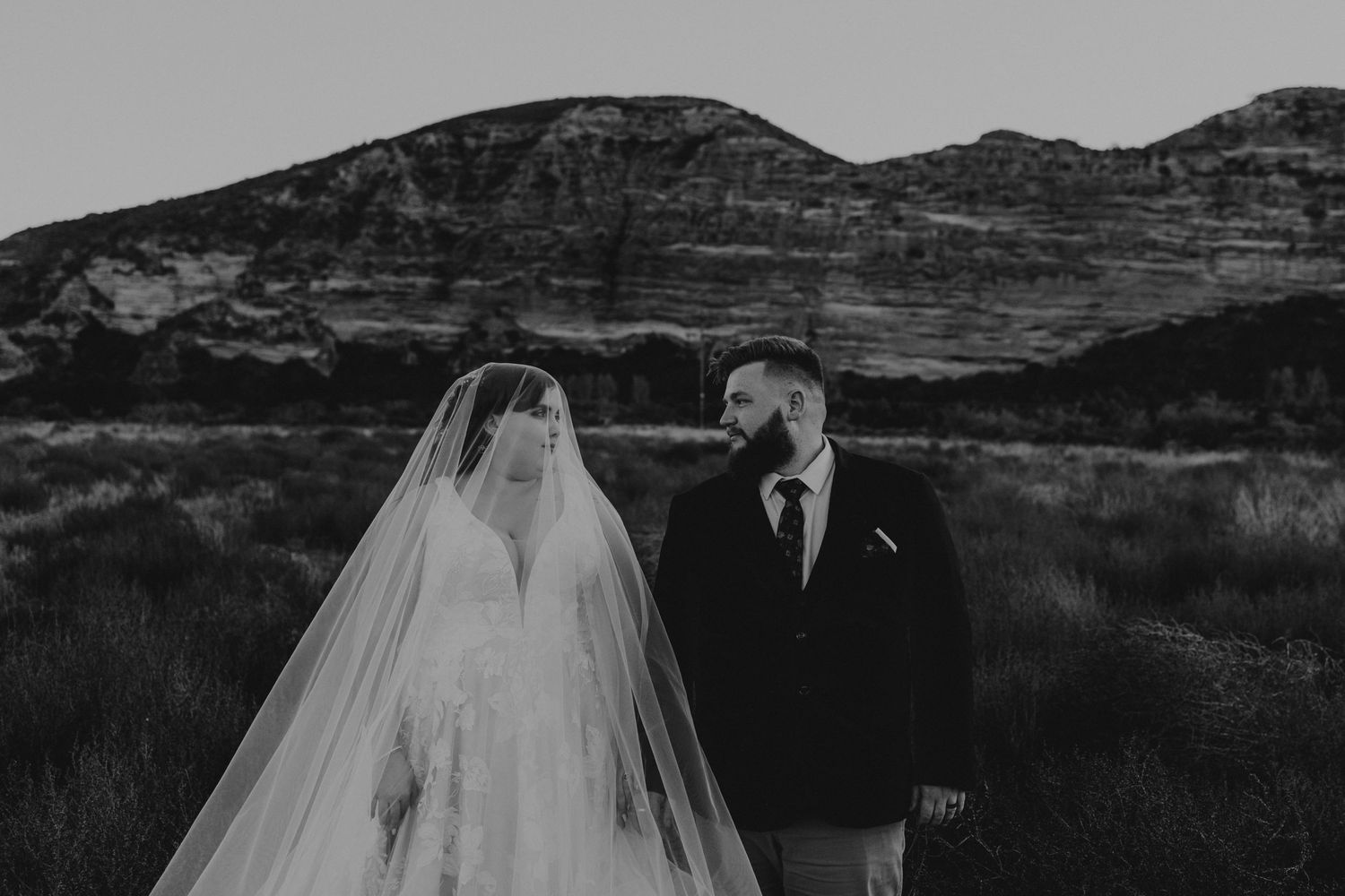 Wedding couple poses against dramatic mountain landscape backdrop.
