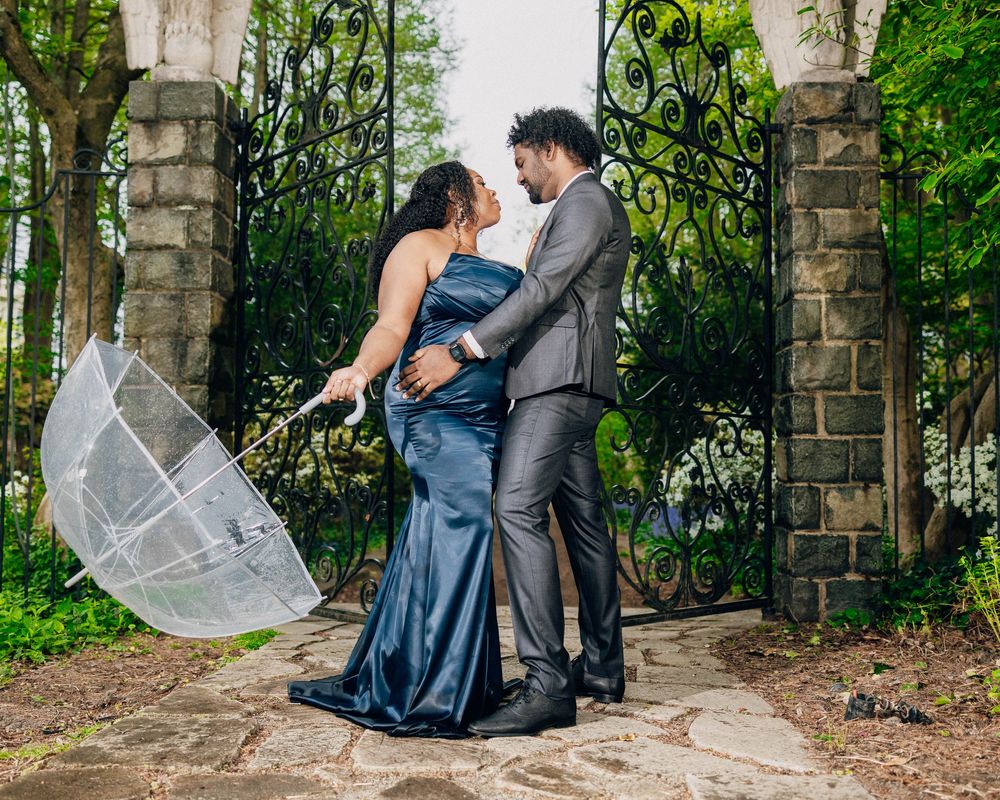 A romantic sequence of photos showing a couple by stone pillars in a garden setting.