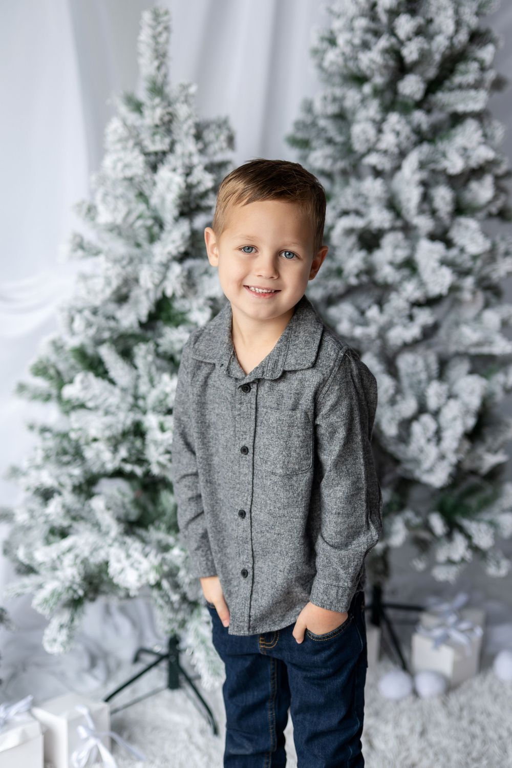 Adorable young boy in a gray button-up shirt and jeans smiling in front of snow-covered Christmas trees.