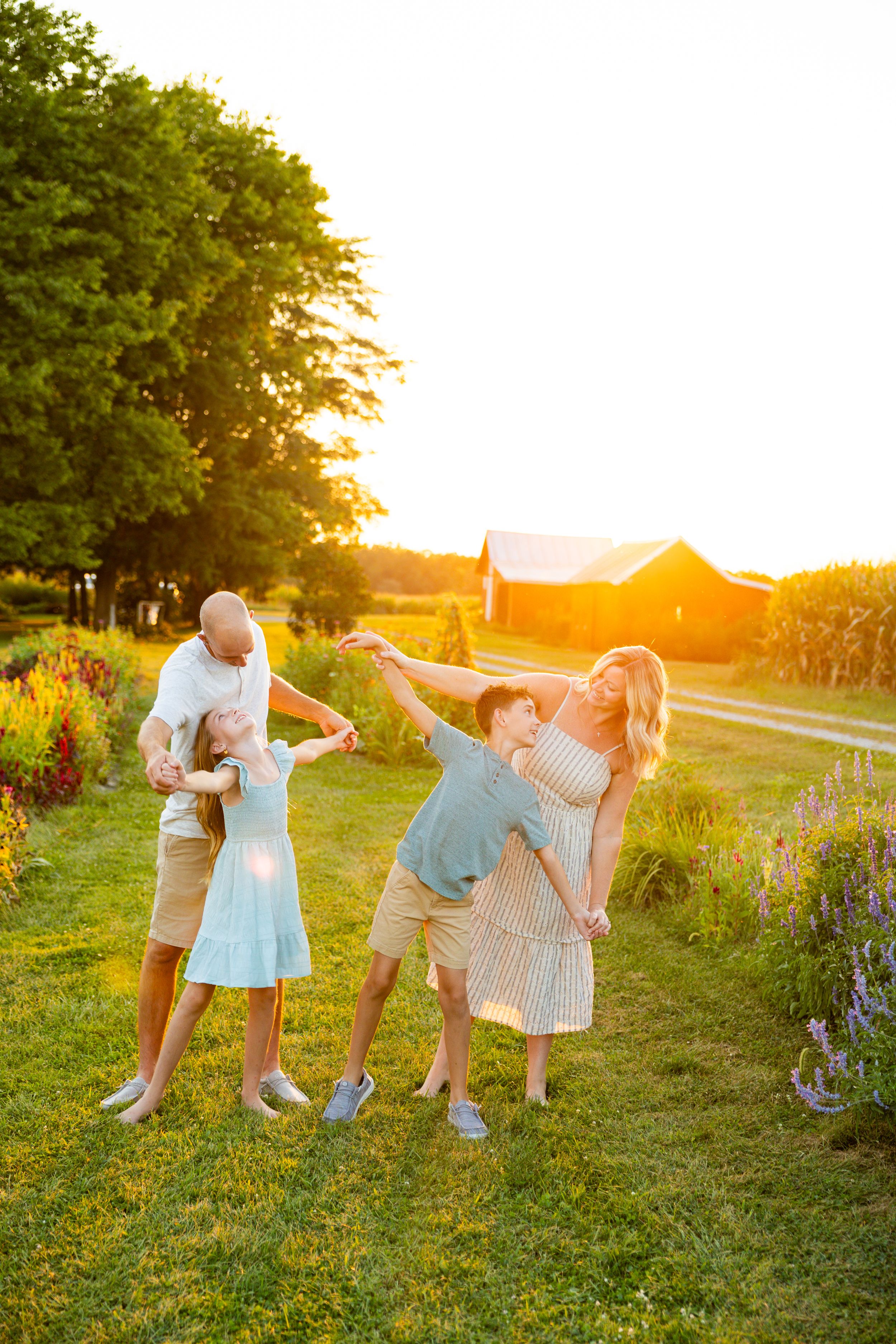 Family of four playing and posing together on a sunny grassy field with wildflowers and a red barn glowing in golden sunset light.