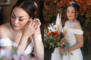 Wedding details showing elegant white dresses and floral arrangements in autumn colors.