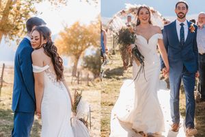 Romantic wedding photos captured in golden sunlight with mountain scenery.