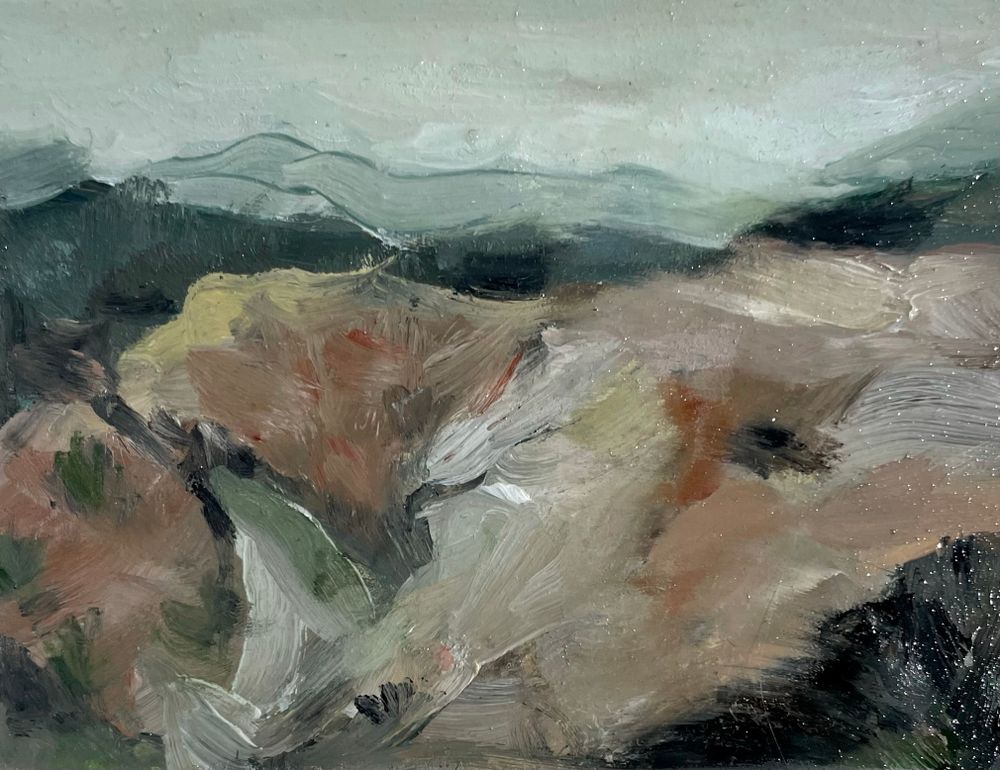 Abstract oil painting of mountainous landscape in earthy tones with dramatic brushstrokes.