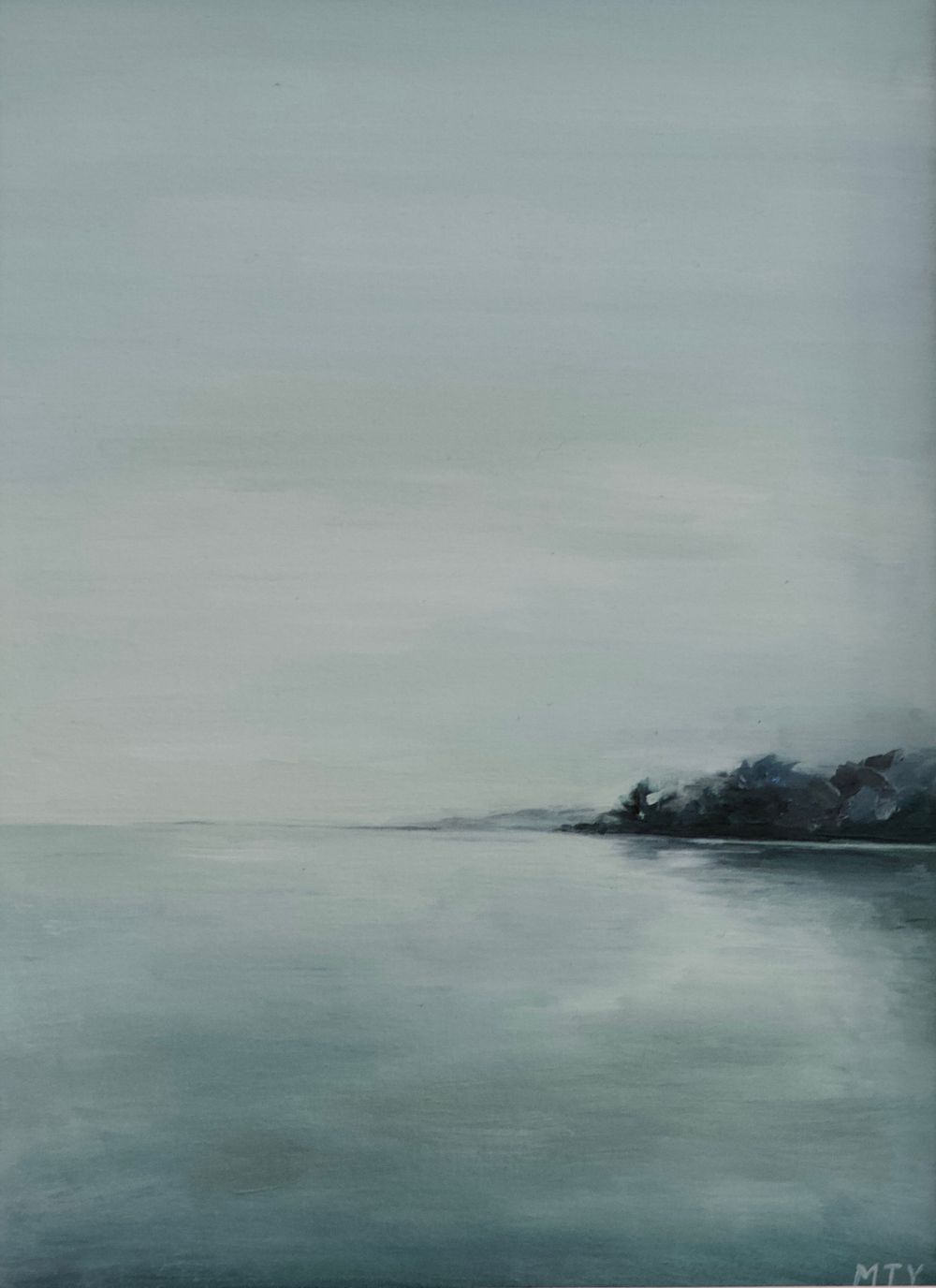 Misty coastal landscape painting in muted blue-grey tones shows a serene shoreline fading into foggy horizon.