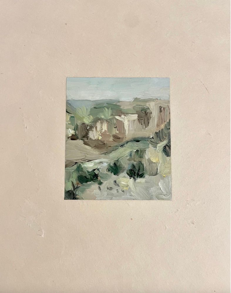 Small abstract landscape painting with muted green and brown tones on beige background.
