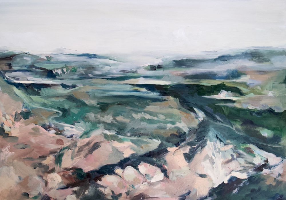 Abstract landscape painting with rolling green hills and pink rocky terrain in loose brushstrokes against misty sky.