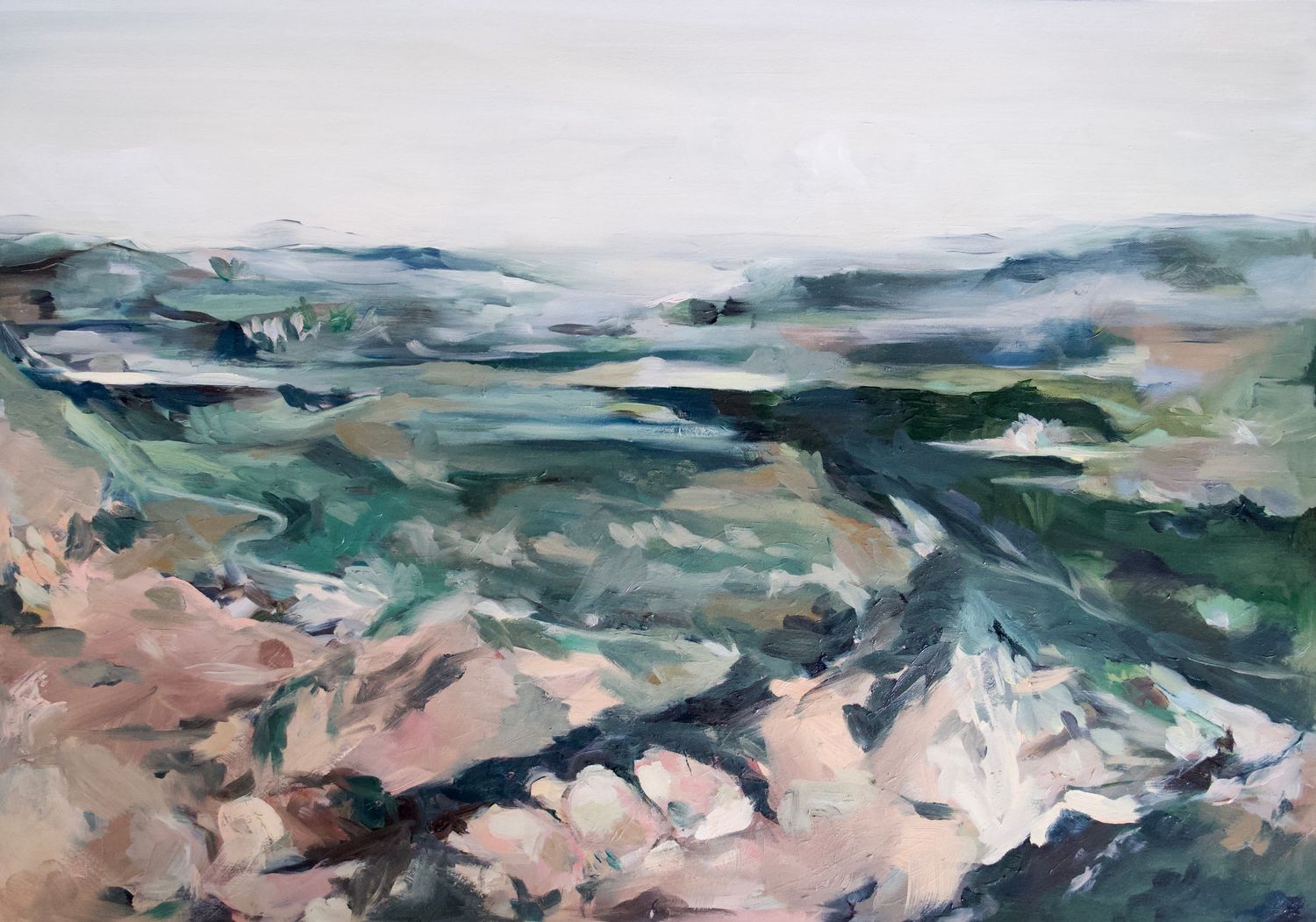 Abstract landscape painting with rolling green hills and pink rocky terrain in loose brushstrokes against misty sky.