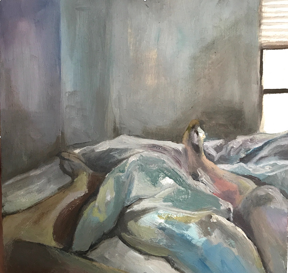 Oil painting of figure resting in bed with rumpled sheets and blankets, rendered in muted blue and gray tones.