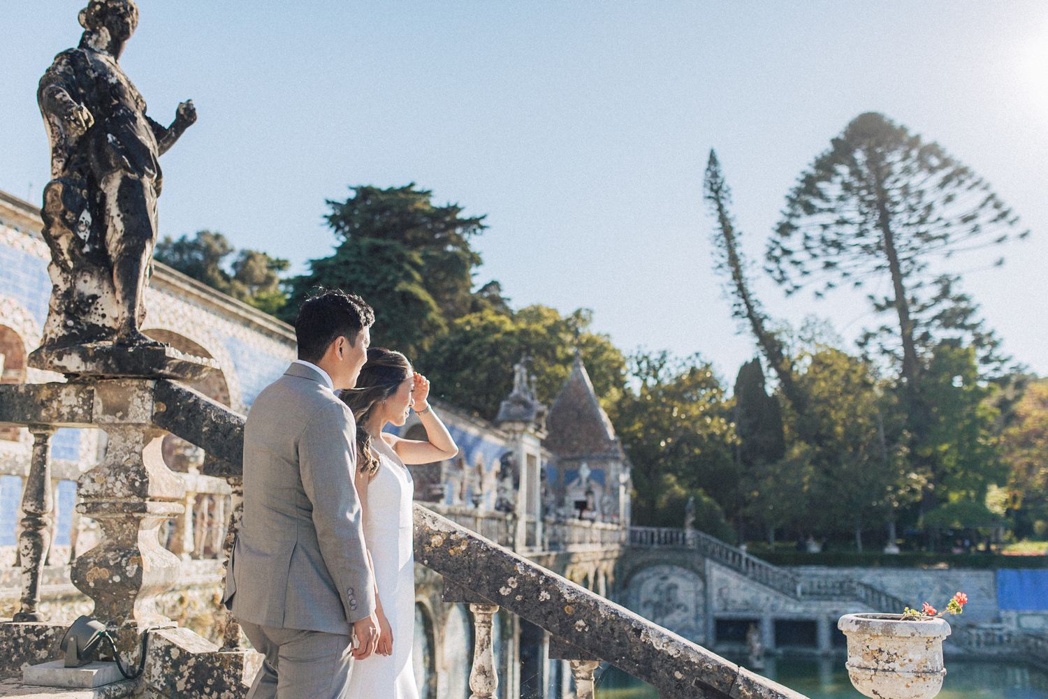 A romantic wedding photo of bride & groom in fronteira palace, lisbon. captured by a destination wedding photographer in Portugal