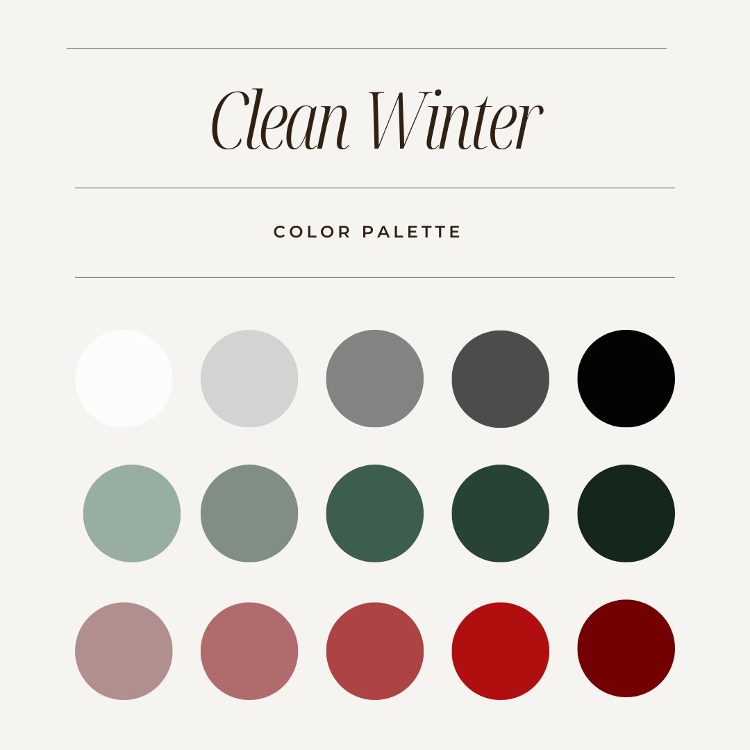 Clean winter color palette showing monochromatic grays, forest greens, and deep reds.