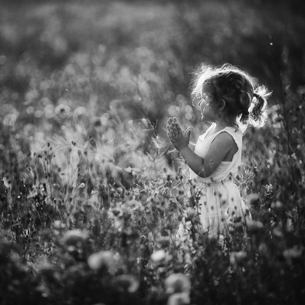 Black and white fine art child portrait in nature with soft backlight