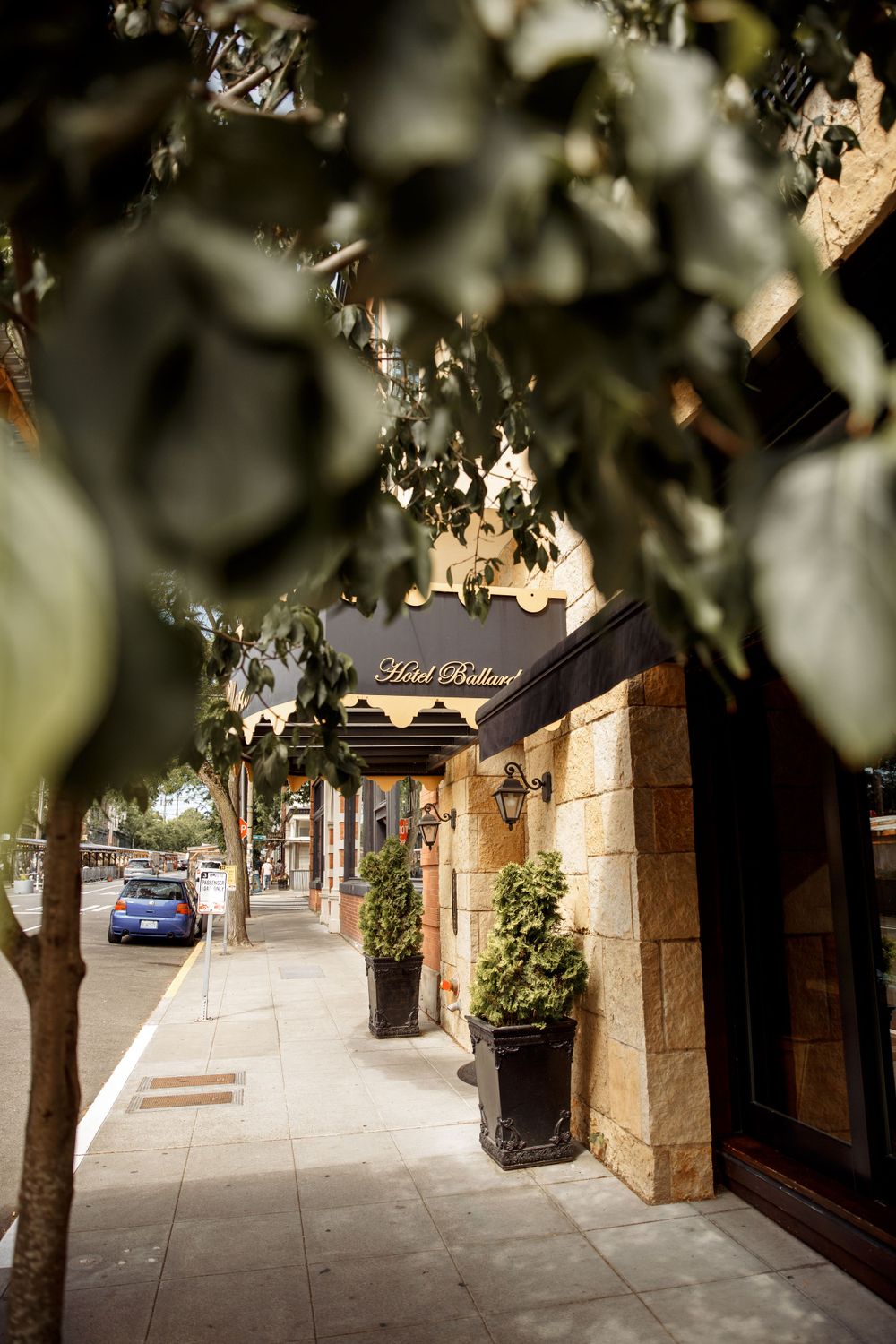 Exterior view of Hotel Bullard entrance with trees and potted plants along the sidewalk.