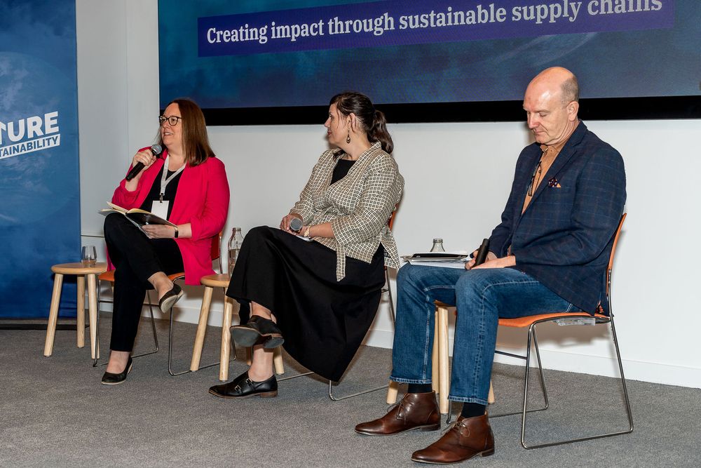 Three panelists discuss creating impact through sustainable supply chains at a Future Sustainability conference event.