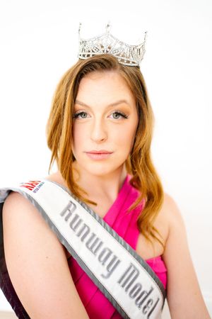Pageant style portraits featuring crown and pink sash against white background.