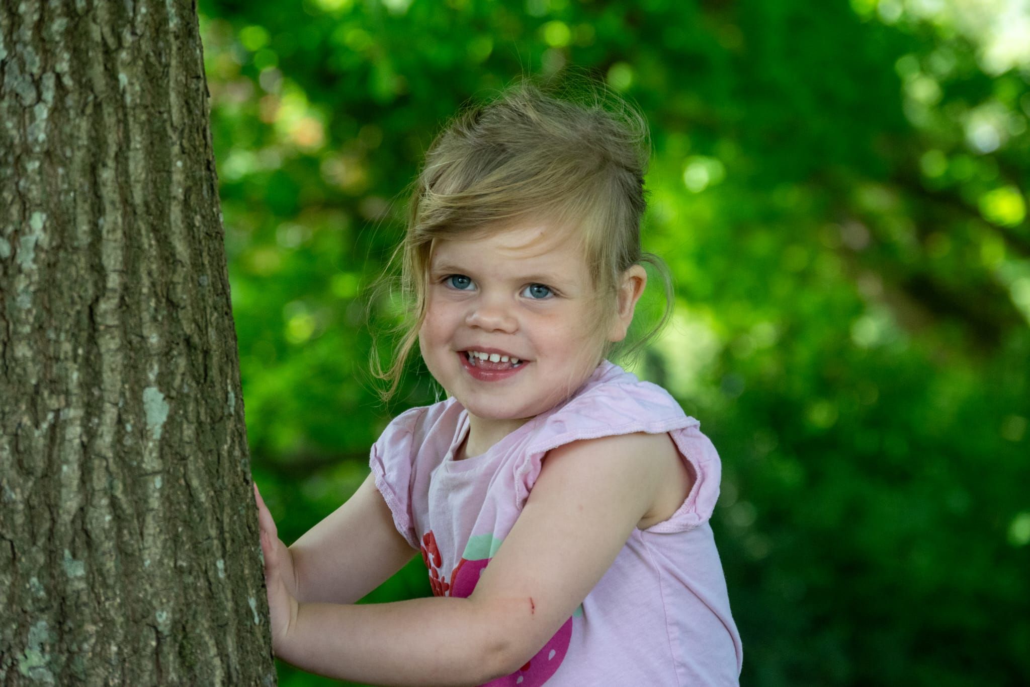 Smiling blonde toddler girl hugging a tree trunk in a lush green park, wearing a pink shirt.
